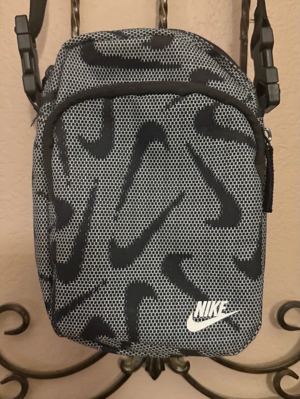 Nike Black and White Swoosh Pattern Crossbody Bag